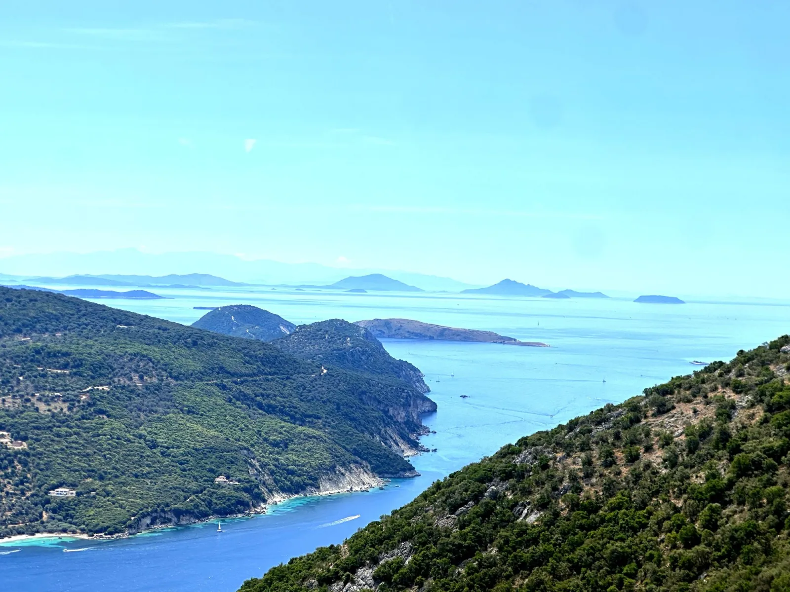 The green bays of south Lefkada seen from the hills above the coast