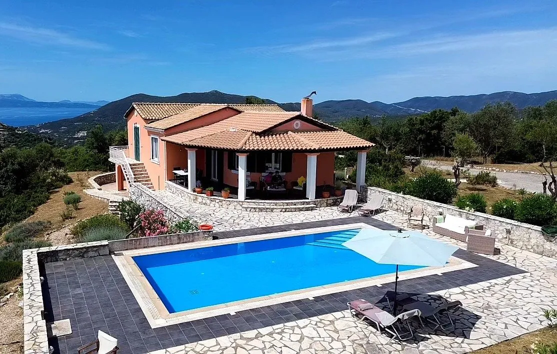 Villa Anatoli and its private pool on the hillside above Poros, looking out over the Ionian