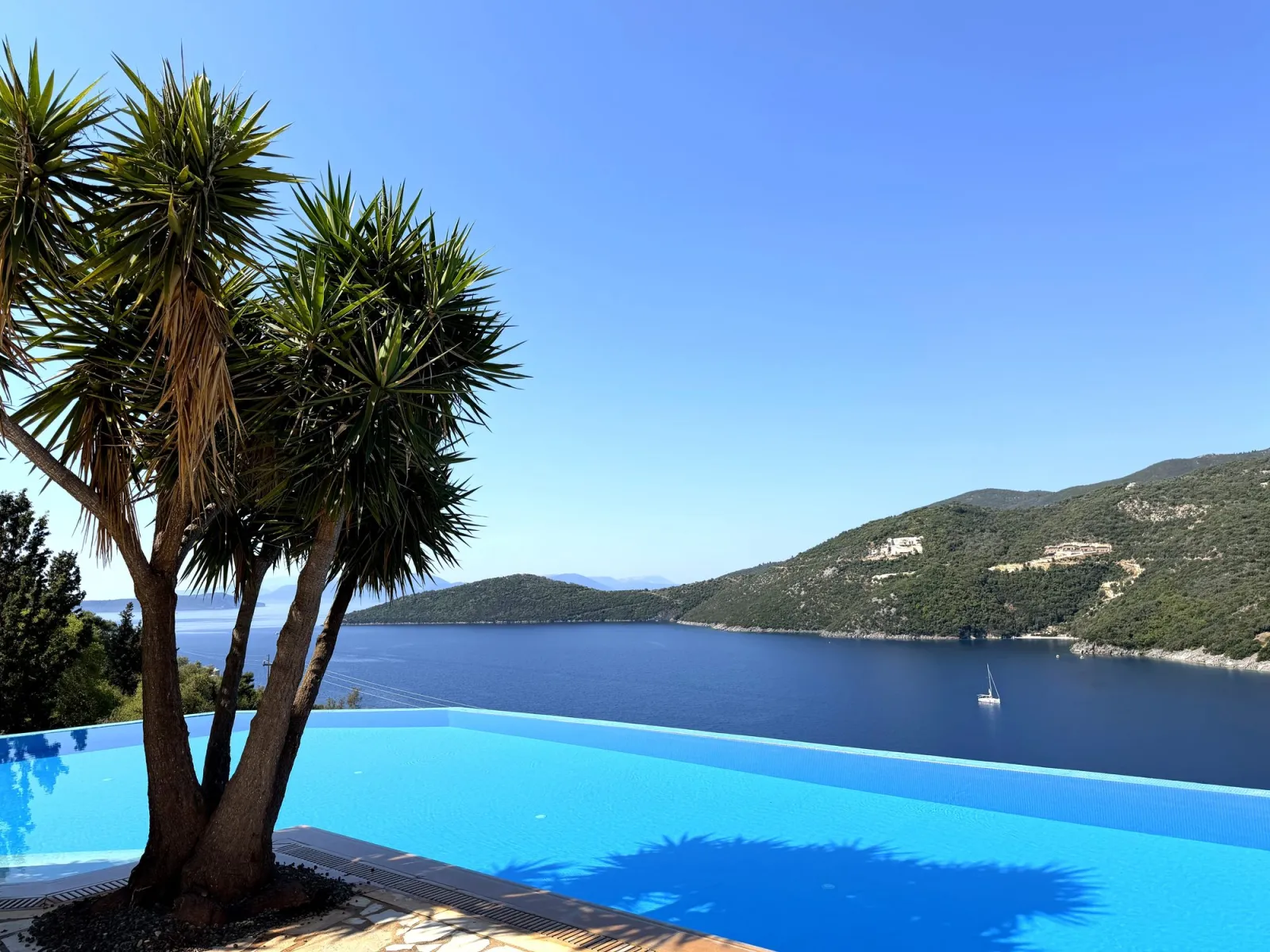 Cavos Villa's 30m L-shaped infinity pool with palm trees, Mikros Gialos